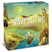 Wayfarers of the South Tigris - Board game box with a hand-painted map featuring a river, a sailing ship, rocky cliffs, and green hills under a yellow.