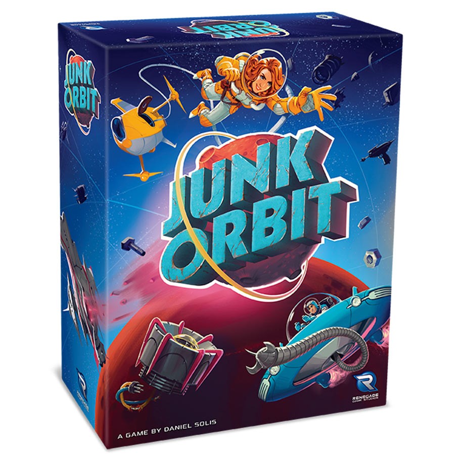 Junk Orbit - Colorful board game box with space theme, featuring cartoon astronauts, spacecraft, and floating debris against a starry.