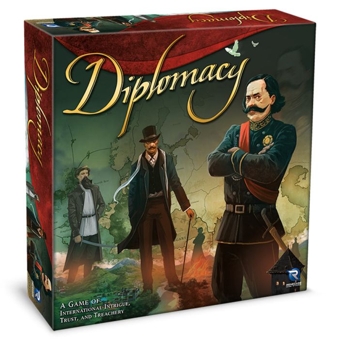 Diplomacy - Diplomacy board game box featuring illustrated 19th-century figures against a dark green background with gold cursive title.