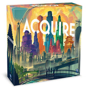 Acquire - Colorful board game box with skyscraper and cityscape illustration, titled Acquire.