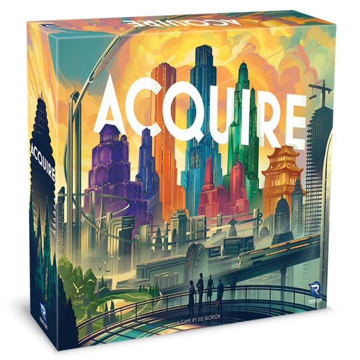 Acquire - Colorful board game box with skyscraper and cityscape illustration, titled Acquire.
