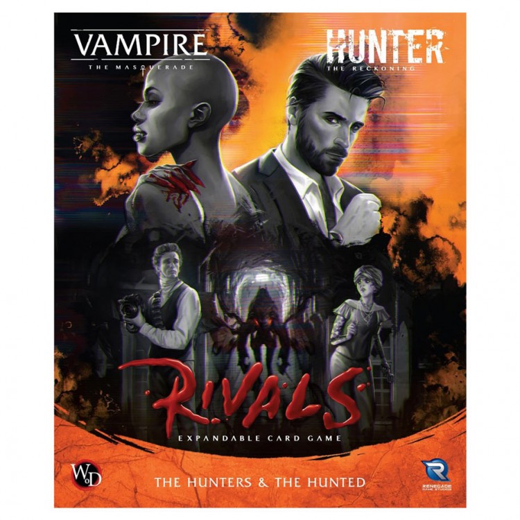 Vampire The Masquerade: Rivals: The Hunters & The Hunted - Rivals card game box with dark, dramatic artwork featuring four characters against an orange and black smoky background.