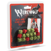 Werewolf The Apocalypse: 5th Edition Dice & Form Cards - Set of green and red polyhedral dice with matching form cards in Werewolf The Apocalypse branded black and red packaging.