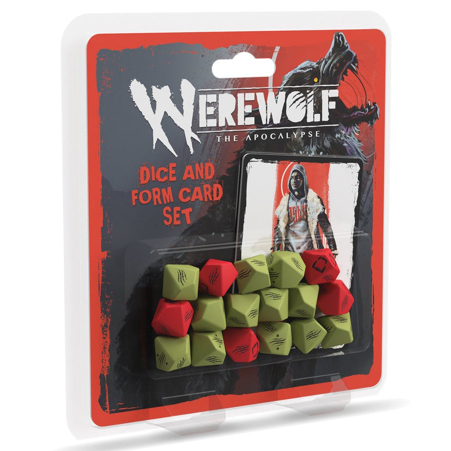 Werewolf The Apocalypse: 5th Edition Dice & Form Cards - Set of green and red polyhedral dice with matching form cards in Werewolf The Apocalypse branded black and red packaging.