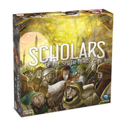 Scholars of the South Tigris - Square board game box with illustrated ancient Middle Eastern scholars under a glowing yellow sky, titled Scholars of the.
