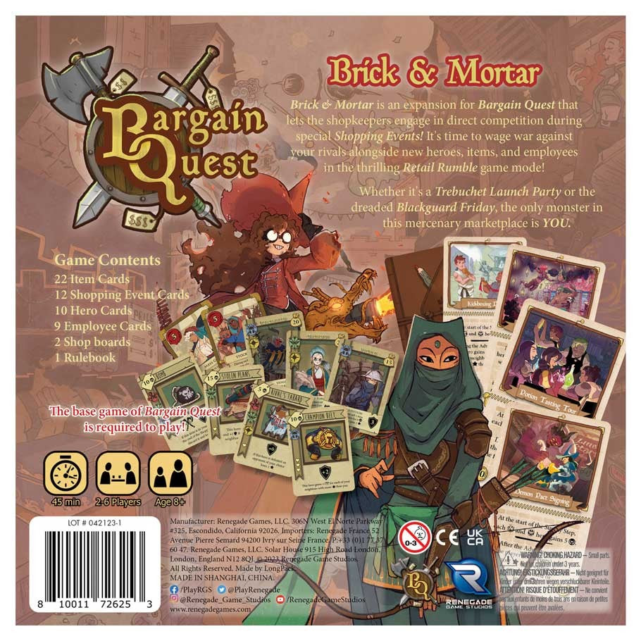 Bargain Quest: Brick & Mortar Expansion - Bargain Quest Brick & Mortar Expansion game box with illustrated characters, game cards, and fantasy-themed artwork in warm.