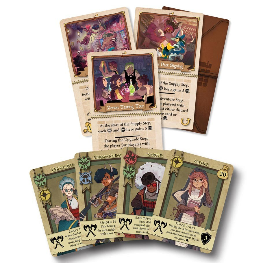 Bargain Quest: Brick & Mortar Expansion - Set of colorful trading cards from Bargain Quest Brick & Mortar Expansion with fantasy character illustrations and game.