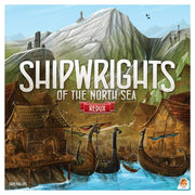 Shipwrights of the North Sea: Redux - Board game box cover with Viking longships docked at a wooden harbor, green hills, and a mountain in the background, bold.