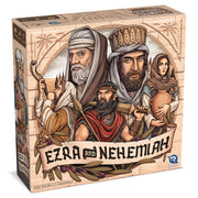 Ezra and Nehemiah - Square board game box with illustrated biblical characters in traditional robes, titled Ezra and Nehemiah in bold stylized.