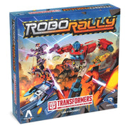 Robo Rally: Transformers - Robo Rally Transformers board game box featuring colorful robotic characters in battle with laser beams.