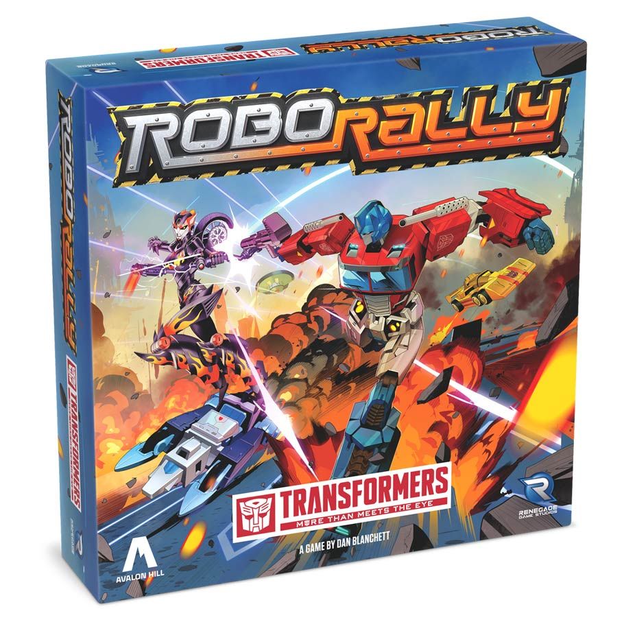 Robo Rally: Transformers - Robo Rally Transformers board game box featuring colorful robotic characters in battle with laser beams.