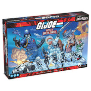 Axis & Allies: G.I. JOE: Battle for the Arctic Circle - Rectangular board game box featuring vibrant G.I. JOE characters in snowy Arctic battle scene with tanks and explosions,.
