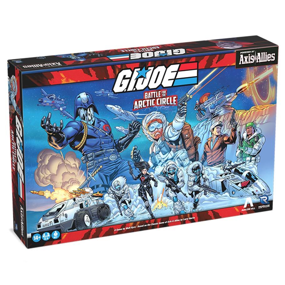 Axis & Allies: G.I. JOE: Battle for the Arctic Circle - Rectangular board game box featuring vibrant G.I. JOE characters in snowy Arctic battle scene with tanks and explosions,.