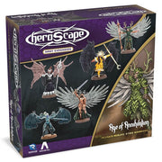 Heroscape: Revna’s Rebuke: Kyrie Warriors Army Expansion - Heroscape Revna’s Rebuke expansion box featuring six detailed fantasy warrior miniatures with wings and armor on a purple.