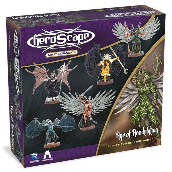 Heroscape: Revna’s Rebuke: Kyrie Warriors Army Expansion - Heroscape Revna’s Rebuke expansion box featuring six detailed fantasy warrior miniatures with wings and armor on a purple.