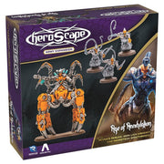 Heroscape: Revna’s Rebuke: Iron Lich Viscerot and Necrotech Wraithriders Army Expansion - Heroscape army expansion box featuring orange and metallic gray robot miniatures with weapons and armor on a purple and.