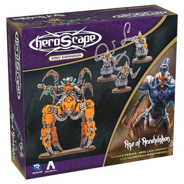 Heroscape: Revna’s Rebuke: Iron Lich Viscerot and Necrotech Wraithriders Army Expansion - Heroscape army expansion box featuring orange and metallic gray robot miniatures with weapons and armor on a purple and.
