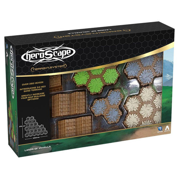 Heroscape: Lands of Valhalla Terrain Expansion - Heroscape Lands of Valhalla terrain expansion with hexagonal green, brown, gray, and beige terrain tiles in a black and.