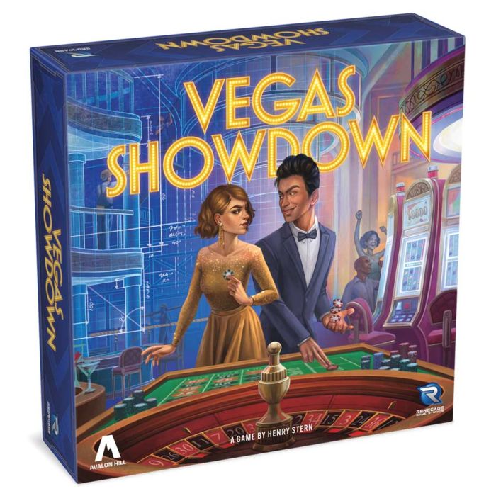 Vegas Showdown - Square board game box with vibrant Las Vegas casino artwork featuring a woman in a gold dress and a man in a tuxedo at a.