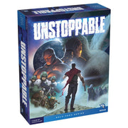 Unstoppable - Board game box with bold white "UNSTOPPABLE" title, featuring a futuristic sci-fi scene with a red-clad figure facing.