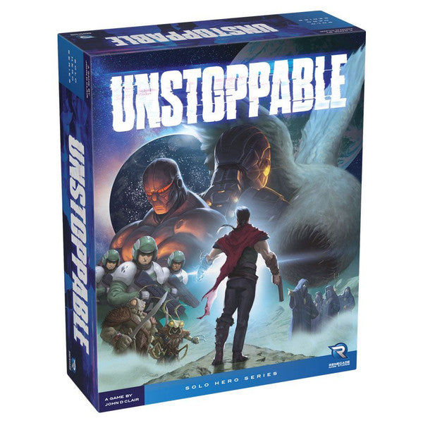 Unstoppable - Board game box with bold white "UNSTOPPABLE" title, featuring a futuristic sci-fi scene with a red-clad figure facing.