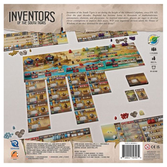 Inventors of the South Tigris - Detailed board game setup with illustrated map, cards, tokens, and player boards featuring ancient civilization theme and.
