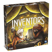 Inventors of the South Tigris - Board game box featuring two Middle Eastern inventors at a wooden table under yellow-lit tents, titled Inventors of the.