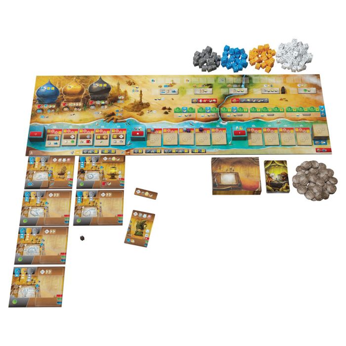 Inventors of the South Tigris - Strategy board game setup with illustrated map, resource tokens in blue, orange, gray, and black, player boards, cards, and.