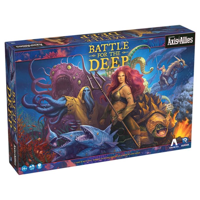 Battle for the Deep (Powered by Axis & Allies) - Battle for the Deep board game box featuring a warrior woman with a spear, giant octopus, sharks, and underwater creatures.