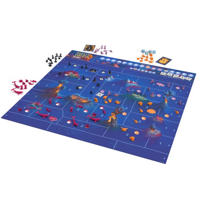 Battle for the Deep (Powered by Axis & Allies) - Blue game board with ocean grid layout, plastic miniatures in red, orange, and black, representing naval war units and.