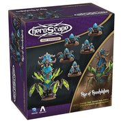 Heroscape: Rising Tide: Queen Maladrix and Festering Honor Guard Army Expansion - Heroscape Rising Tide expansion box featuring detailed blue and green insectoid miniatures with brown bases against dark.