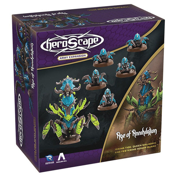 Heroscape: Rising Tide: Queen Maladrix and Festering Honor Guard Army Expansion - Heroscape Rising Tide expansion box featuring detailed blue and green insectoid miniatures with brown bases against dark.