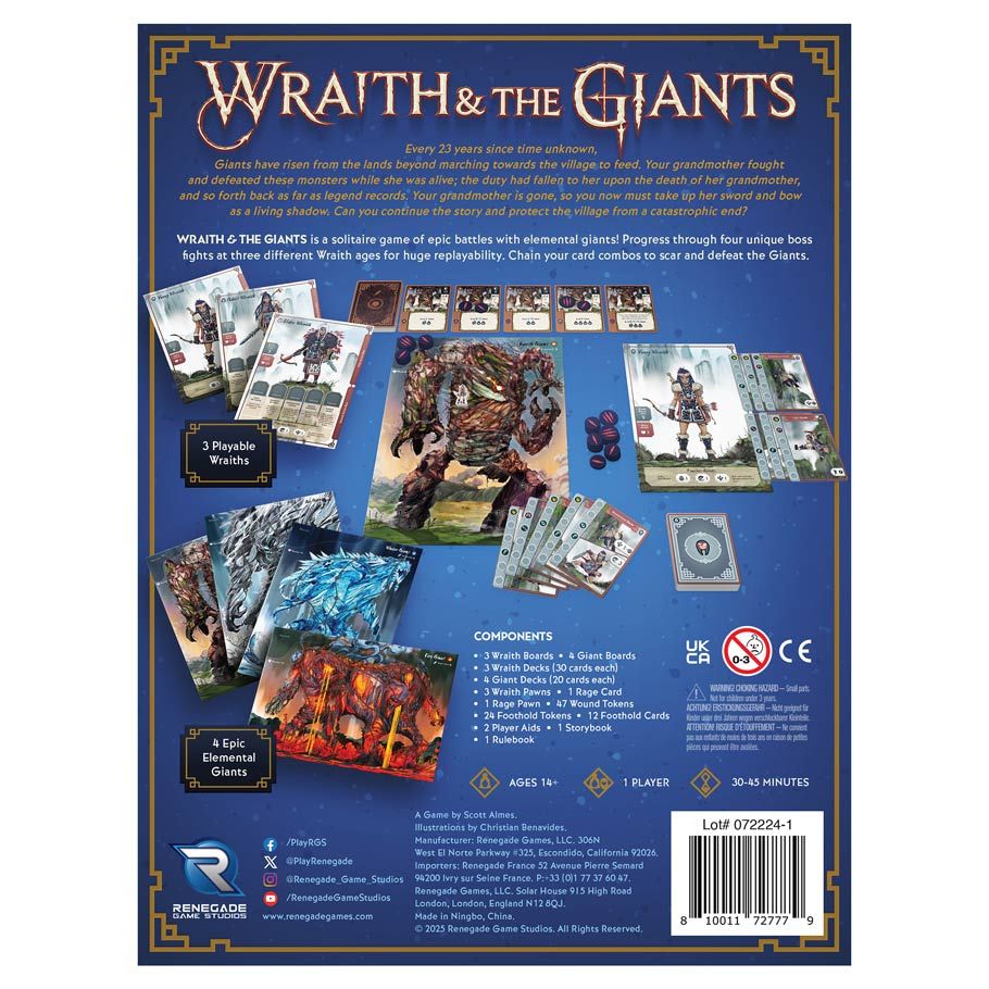 Wraith & The Giants - Board game box back featuring colorful fantasy art with giants, cards, miniatures, and game components on a blue background.
