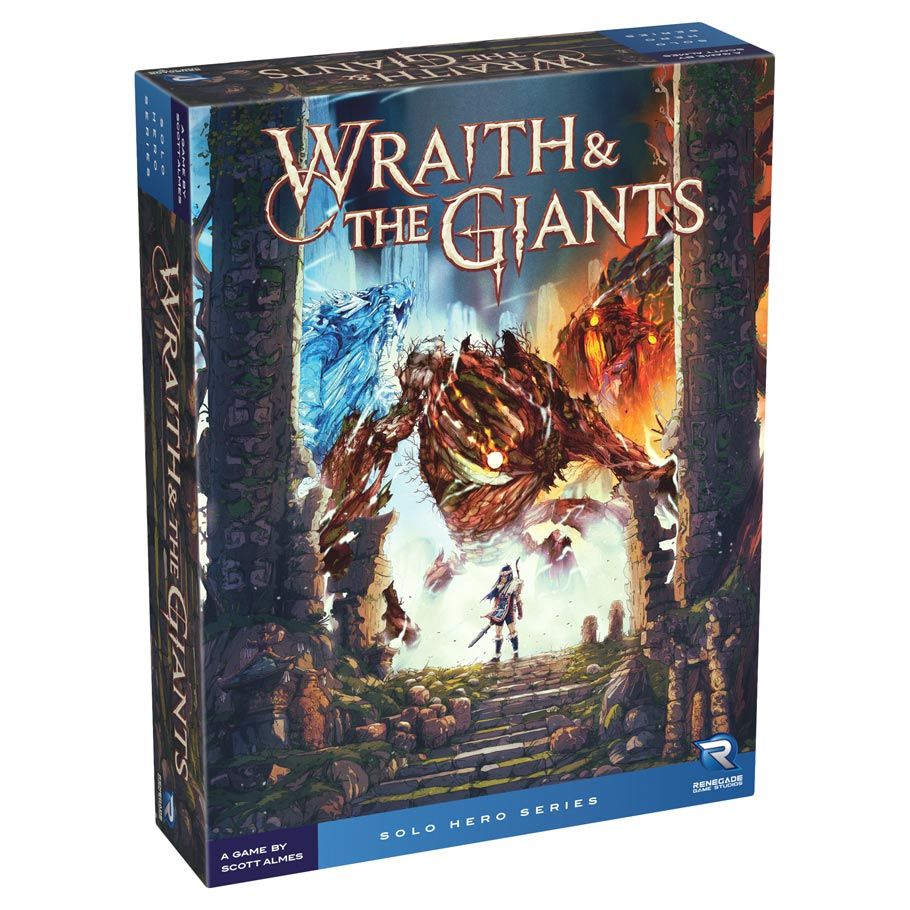 Wraith & The Giants - Board game box for Wraith & The Giants featuring a fiery giant and a small lone figure in a dark, mystical forest setting.