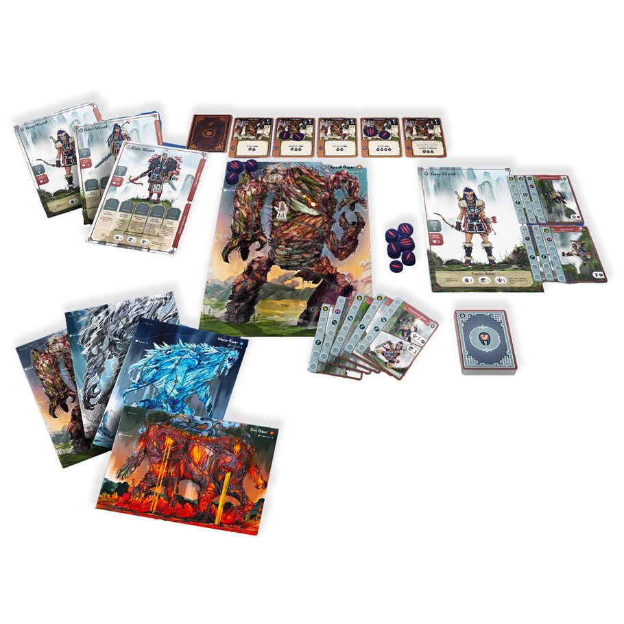 Wraith & The Giants - Board game setup featuring colorful fantasy artwork with character and monster cards, tokens, and detailed rulebook pages.