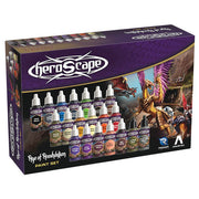 Heroscape: Age of Annihilation Paint Set - Heroscape Age of Annihilation paint set with 20 small paint bottles in assorted colors, displayed on purple-themed packaging