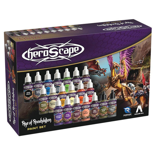 Heroscape: Age of Annihilation Paint Set - Heroscape Age of Annihilation paint set with 20 small paint bottles in assorted colors, displayed on purple-themed packaging