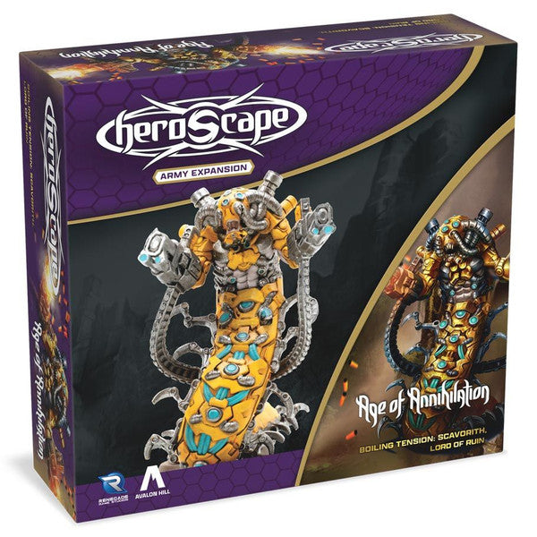 Heroscape: Boiling Tension: Scavorith, Lord of Ruin Army Expansion - Heroscape Boiling Tension Scavorith Lord of Ruin expansion box with purple and black design featuring a detailed orange and.