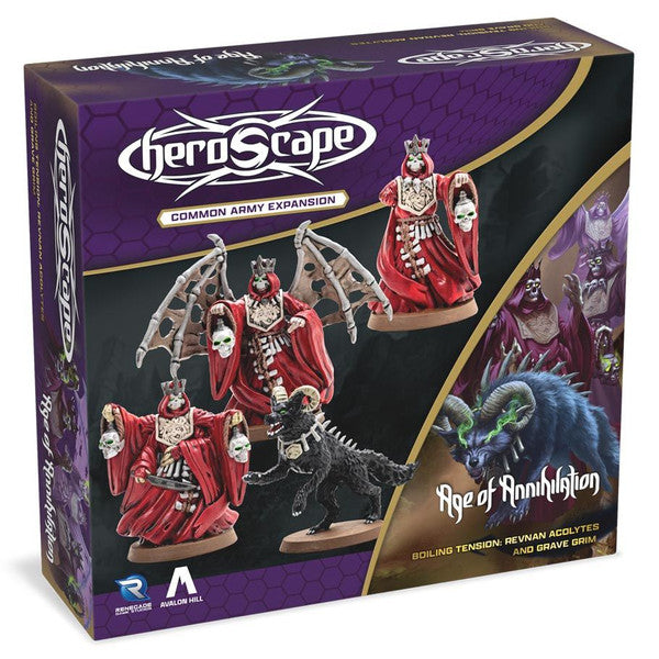 Heroscape: Boiling Tension: Revnan Acolytes and Grave Grim Army Expansion - Heroscape Boiling Tension expansion box featuring red-robed skeletal figures and a dark gray winged creature miniature on a.