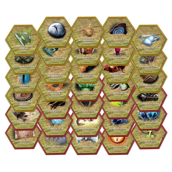 Heroscape: Glyph Pack - Hexagonal game tiles with colorful fantasy glyph symbols and text, arranged in a grid, featuring various magical designs on.