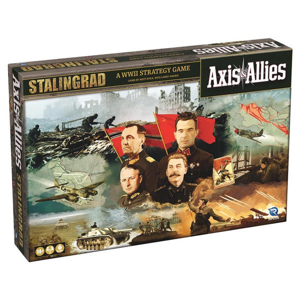 Axis & Allies: Stalingrad - Stalingrad board game box featuring WWII military leaders, tanks, planes, and a battle scene background.