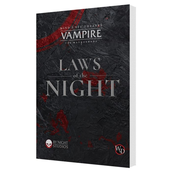 Vampire: The Masquerade: Live Action Roleplaying Game: Laws of the Night - The Masquerade Laws of the Night" with red blood splatter and white logos on the cover.