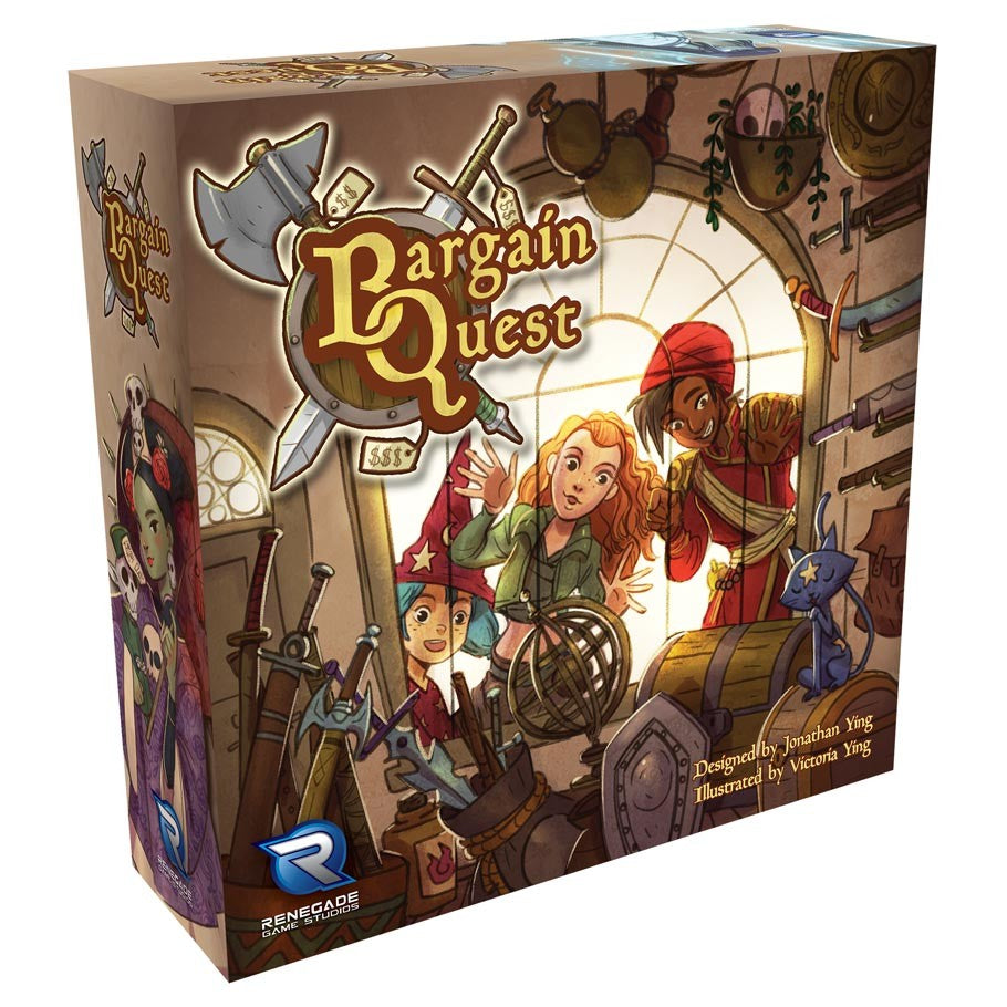 Bargain Quest - Colorful board game box featuring three illustrated adventurers surrounded by medieval items and weapons.