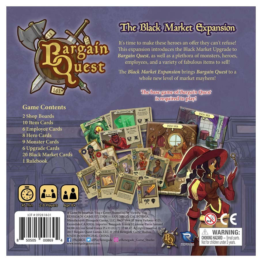 Bargain Quest: Black Market - Bargain Quest Black Market expansion box with purple background, game cards, tokens, and fantasy character artwork.