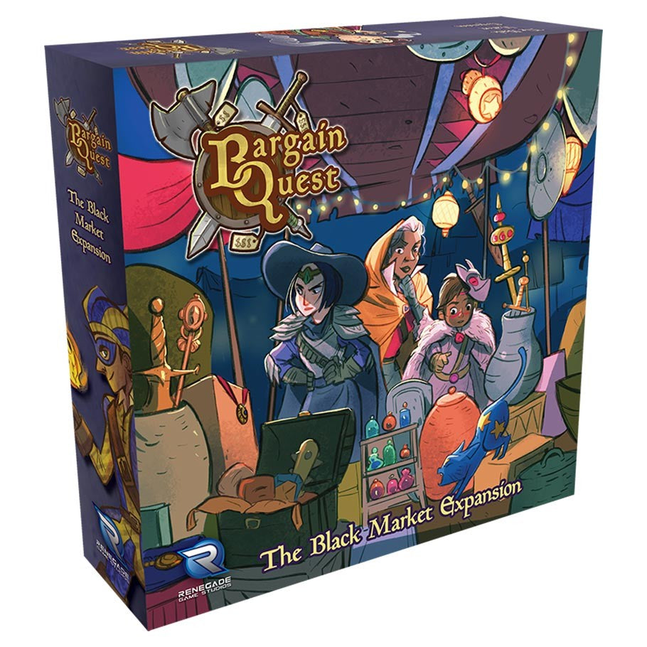 Bargain Quest: Black Market - Black Market expansion featuring fantasy characters and market items in a vibrant scene.