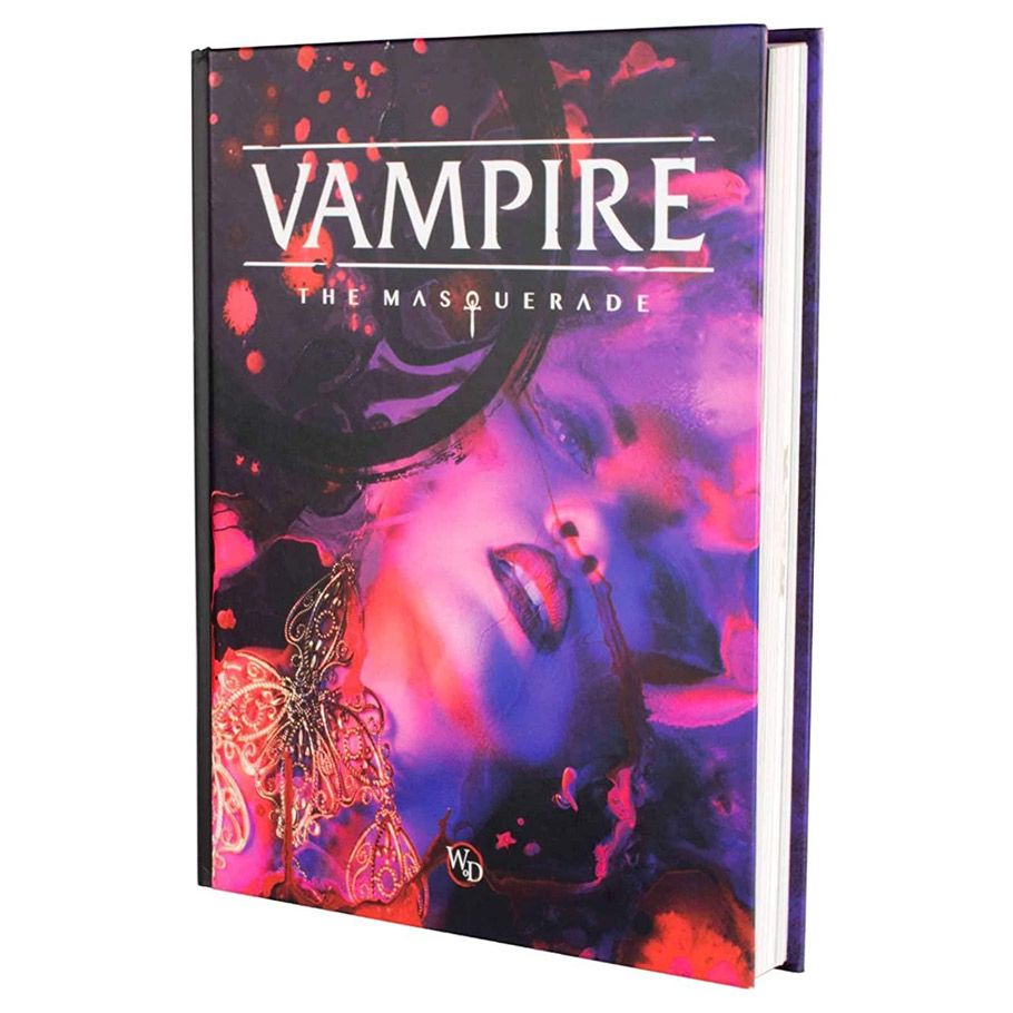 Vampire: The Masquerade: 5th Edition Core Book - Hardcover book with dark purple and red cover art featuring a stylized vampire face and white "VAMPIRE" title text.