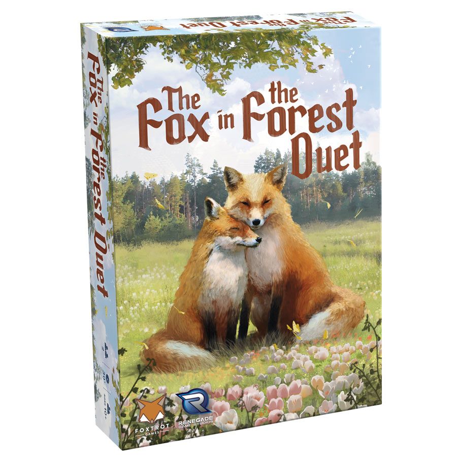 The Fox in the Forest: Duet - Duet card game featuring artwork of two foxes sitting in a meadow with trees in the background.