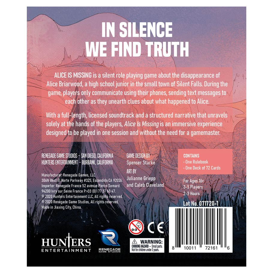 Alice is Missing - Board game box with twilight forest background, white title text "In Silence We Find Truth," and description of the game.
