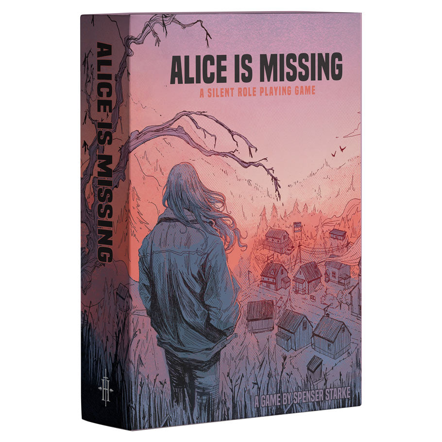 Alice is Missing - Softcover book with purple and pink hues, featuring a girl with long hair looking over a small town at dusk, titled "Alice.