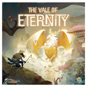 The Vale of Eternity - Fantasy-themed board game box art featuring a glowing white and gold dragon, a cloaked figure with a staff, and mystical.